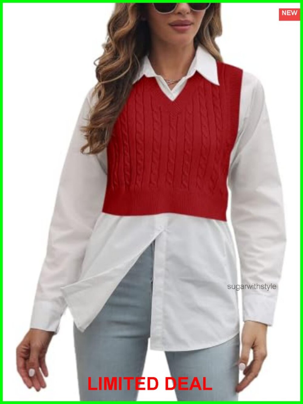 Womens V Neck Cable Knit Sweater Vest Sleeveless Crop Top